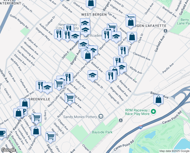 map of restaurants, bars, coffee shops, grocery stores, and more near 135 Stegman Street in Jersey City