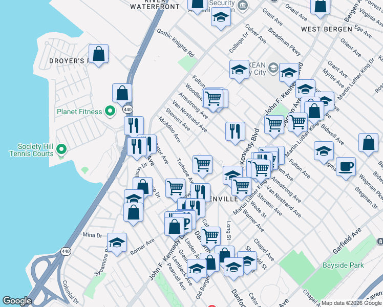 map of restaurants, bars, coffee shops, grocery stores, and more near 130 McAdoo Avenue in Jersey City