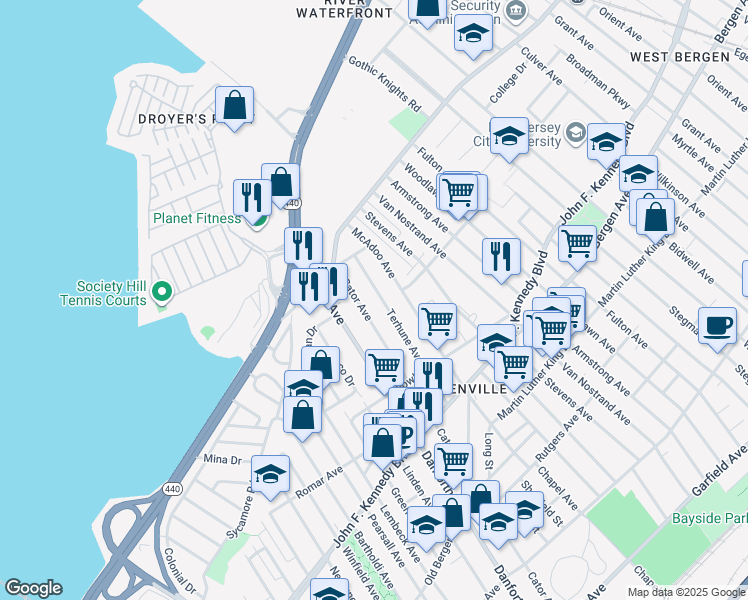 map of restaurants, bars, coffee shops, grocery stores, and more near 371 Cator Avenue in Jersey City