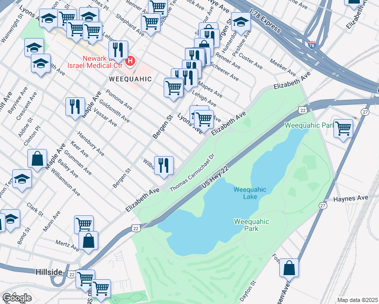 map of restaurants, bars, coffee shops, grocery stores, and more near 705-711 Elizabeth Avenue in Newark