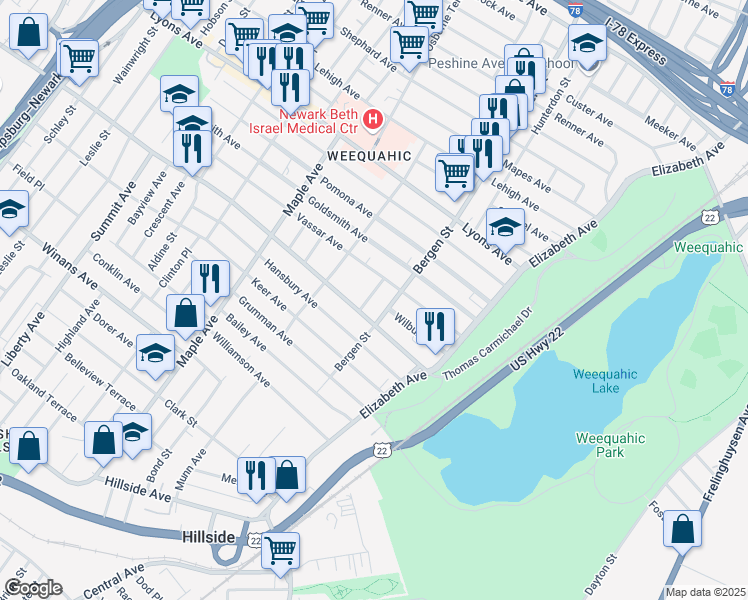 map of restaurants, bars, coffee shops, grocery stores, and more near in Newark