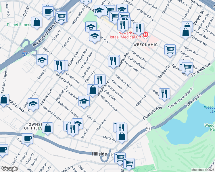 map of restaurants, bars, coffee shops, grocery stores, and more near 150 Bailey Avenue in Hillside