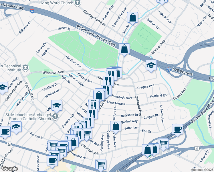 map of restaurants, bars, coffee shops, grocery stores, and more near 1415 Stuyvesant Avenue in Union