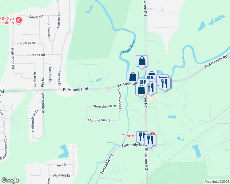 map of restaurants, bars, coffee shops, grocery stores, and more near 2510 Breezewood Lane in Lima