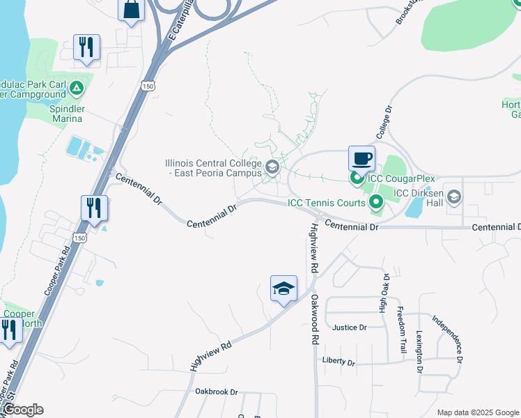 map of restaurants, bars, coffee shops, grocery stores, and more near 918-1082 Centennial Drive in East Peoria