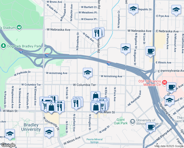 map of restaurants, bars, coffee shops, grocery stores, and more near 1313 North Sheridan Road in Peoria