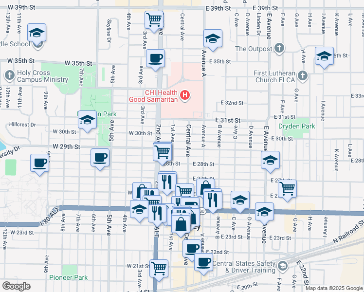 map of restaurants, bars, coffee shops, grocery stores, and more near 2817 I Ave in Kearney