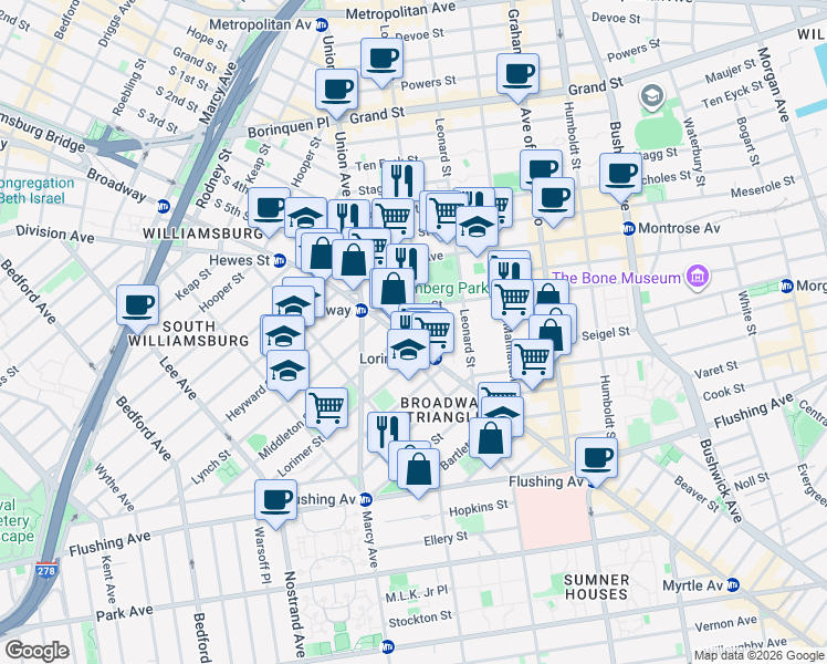 map of restaurants, bars, coffee shops, grocery stores, and more near 28 Throop Avenue in Brooklyn