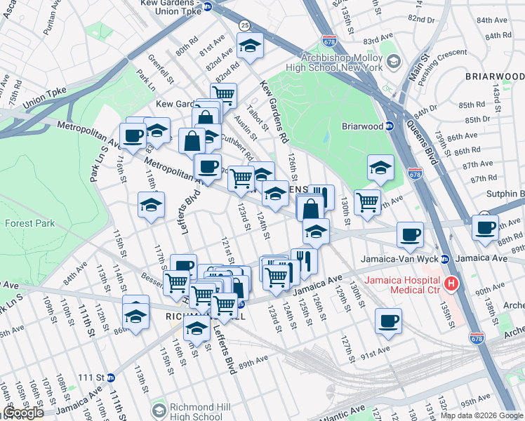 map of restaurants, bars, coffee shops, grocery stores, and more near 84-17 124th Street in Queens