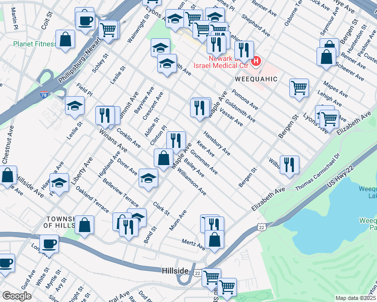 map of restaurants, bars, coffee shops, grocery stores, and more near 150 Bailey Avenue in Hillside