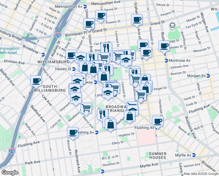 map of restaurants, bars, coffee shops, grocery stores, and more near 28 Throop Avenue in Brooklyn