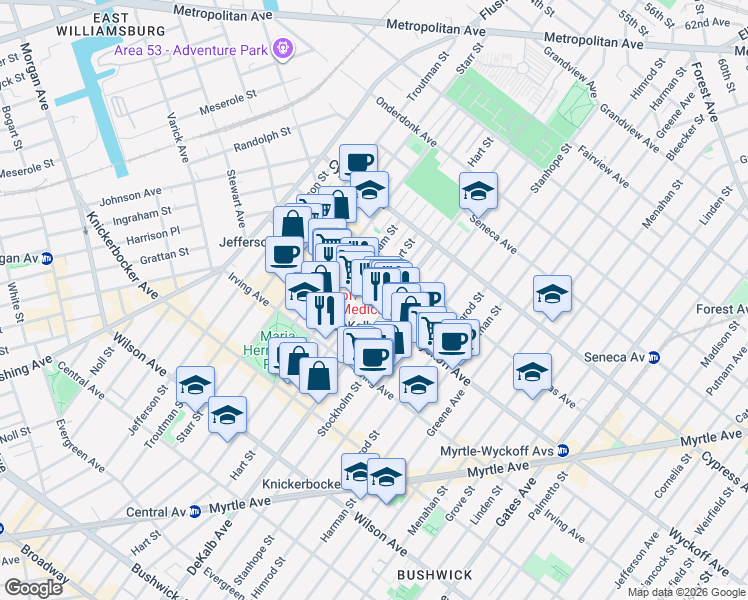 map of restaurants, bars, coffee shops, grocery stores, and more near in Brooklyn