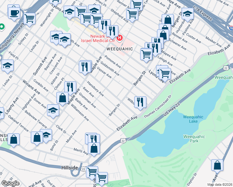 map of restaurants, bars, coffee shops, grocery stores, and more near in Newark