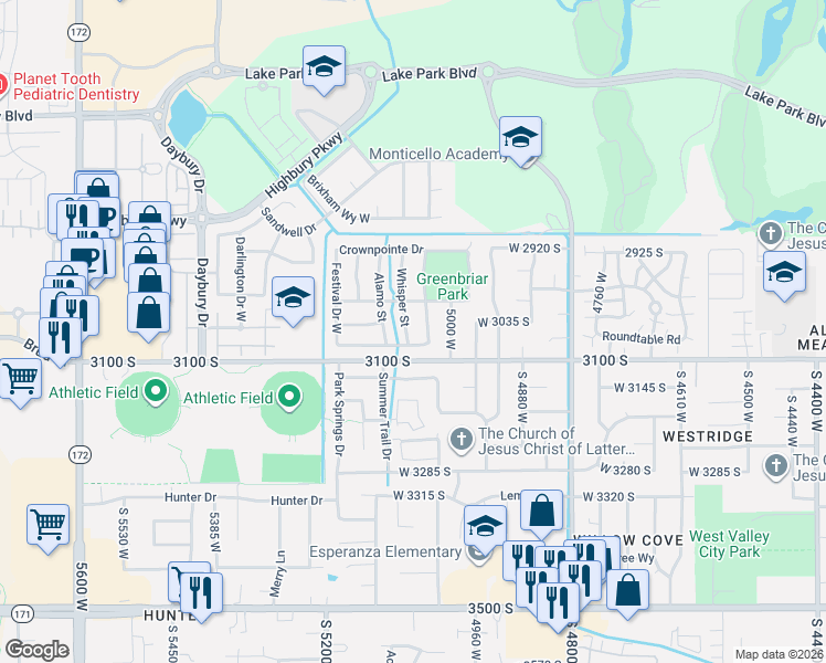 map of restaurants, bars, coffee shops, grocery stores, and more near 5089 Festival Drive West in West Valley City