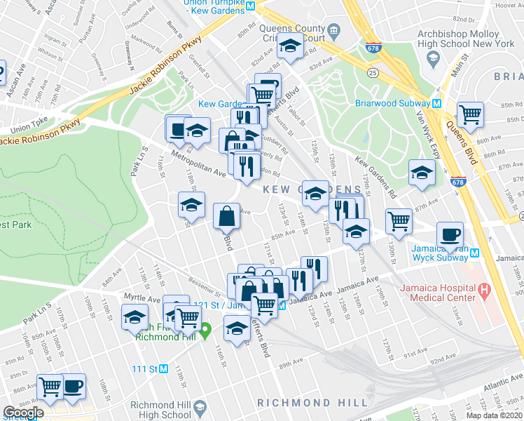 map of restaurants, bars, coffee shops, grocery stores, and more near 83-30 Brevoort Street in Queens