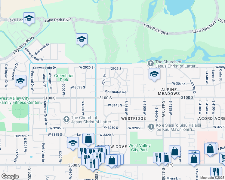 map of restaurants, bars, coffee shops, grocery stores, and more near 4706 Roundtable Road in West Valley City