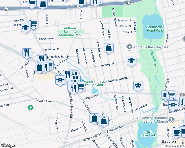 map of restaurants, bars, coffee shops, grocery stores, and more near 84 Woodrow Parkway in West Babylon