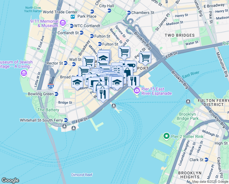 map of restaurants, bars, coffee shops, grocery stores, and more near 120 Wall Street in New York