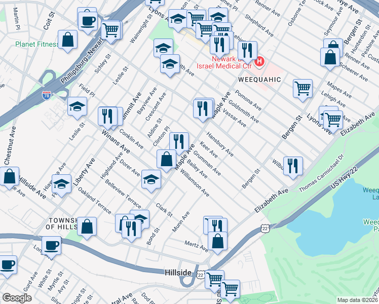 map of restaurants, bars, coffee shops, grocery stores, and more near 1615 Maple Avenue in Hillside