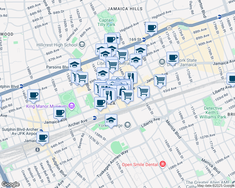 map of restaurants, bars, coffee shops, grocery stores, and more near 162-10 Jamaica Avenue in Queens
