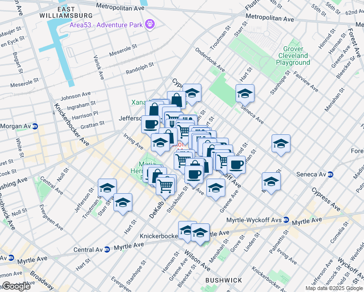 map of restaurants, bars, coffee shops, grocery stores, and more near 70 Wyckoff Avenue in Brooklyn