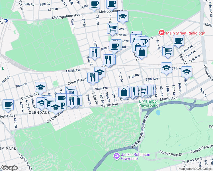 map of restaurants, bars, coffee shops, grocery stores, and more near 77-73 75th Street in Queens
