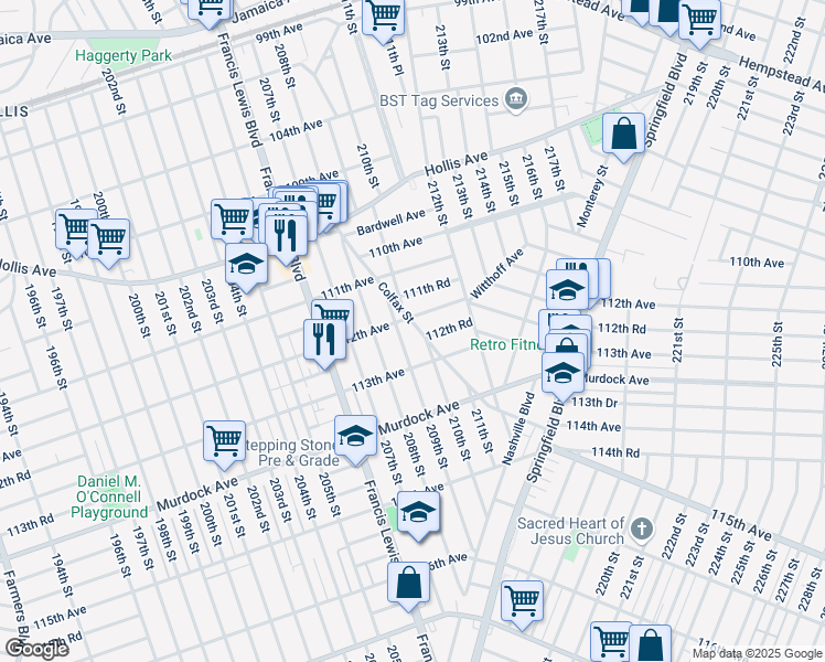 map of restaurants, bars, coffee shops, grocery stores, and more near 112-18 210th Street in Queens