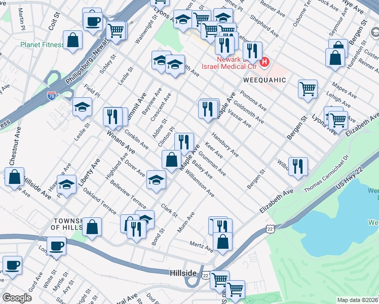 map of restaurants, bars, coffee shops, grocery stores, and more near 1600 Maple Avenue in Hillside