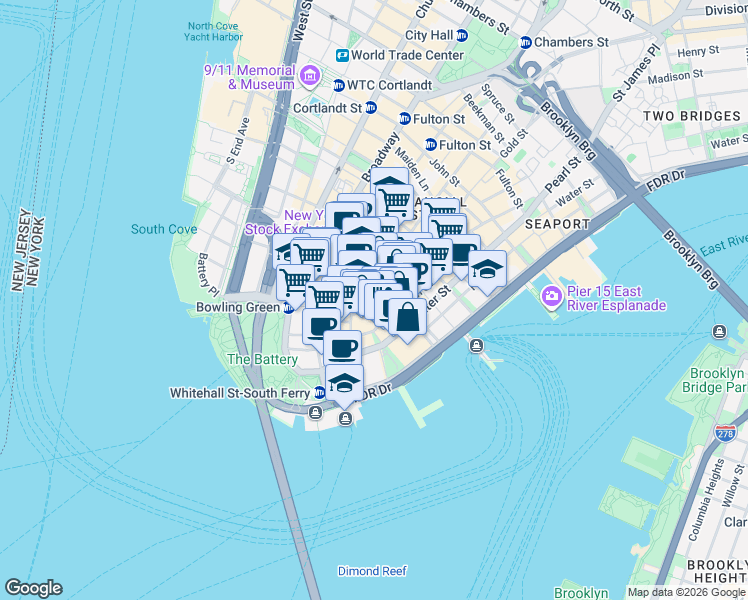 map of restaurants, bars, coffee shops, grocery stores, and more near 23 South William Street in New York