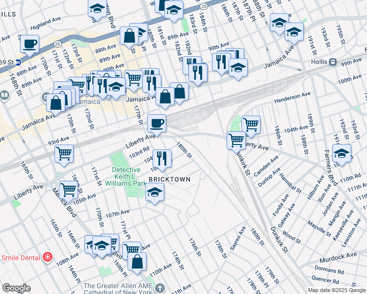 map of restaurants, bars, coffee shops, grocery stores, and more near 177-59 106th Avenue in Queens