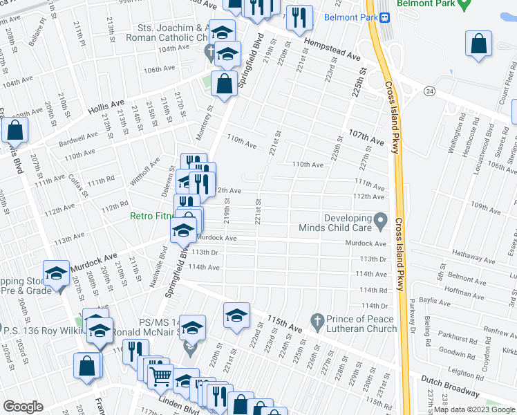 map of restaurants, bars, coffee shops, grocery stores, and more near 112th Road in Queens