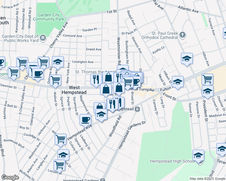 map of restaurants, bars, coffee shops, grocery stores, and more near 144 Oak Street in West Hempstead