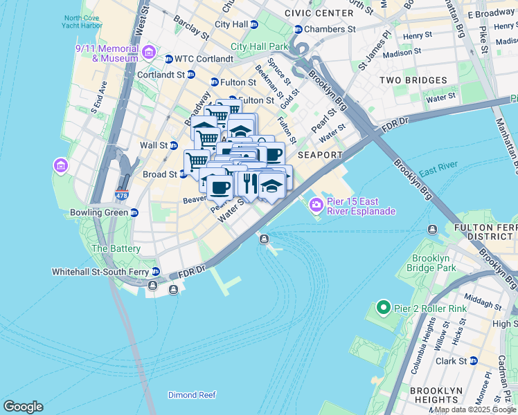 map of restaurants, bars, coffee shops, grocery stores, and more near 110 Wall Street in New York