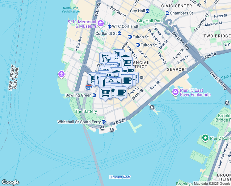 map of restaurants, bars, coffee shops, grocery stores, and more near 60 Broad Street in New York