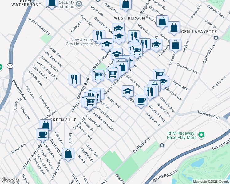 map of restaurants, bars, coffee shops, grocery stores, and more near 158 Martin Luther King Drive in Jersey City
