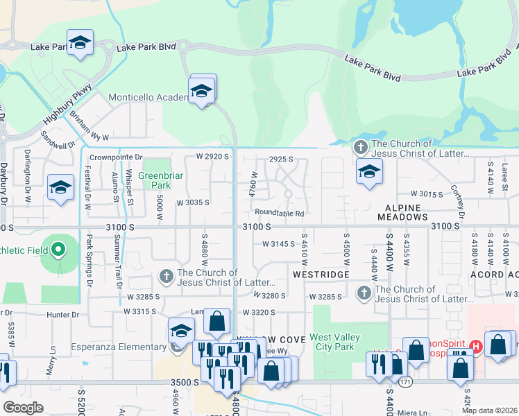 map of restaurants, bars, coffee shops, grocery stores, and more near 4746 Roundtable Road in Salt Lake City