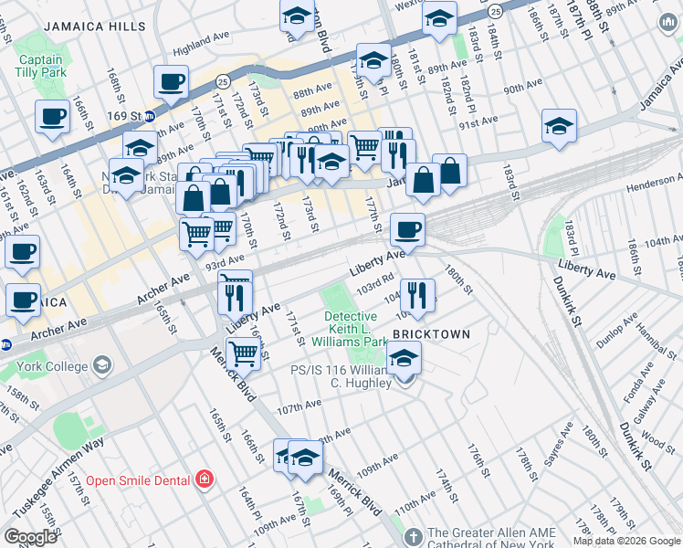 map of restaurants, bars, coffee shops, grocery stores, and more near 173-5 Liberty Avenue in Queens