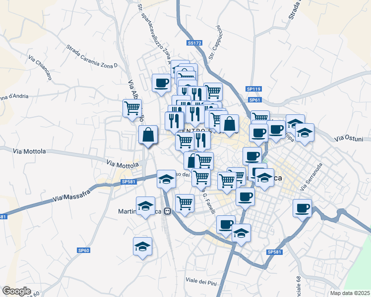 map of restaurants, bars, coffee shops, grocery stores, and more near 17 Via Conte Leopardi in Martina Franca