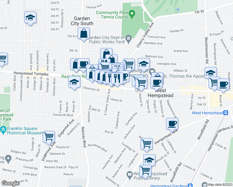 map of restaurants, bars, coffee shops, grocery stores, and more near 449 Hempstead Turnpike in West Hempstead