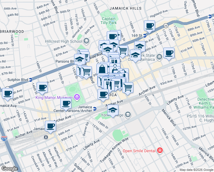 map of restaurants, bars, coffee shops, grocery stores, and more near 89-44 162nd Street in Queens