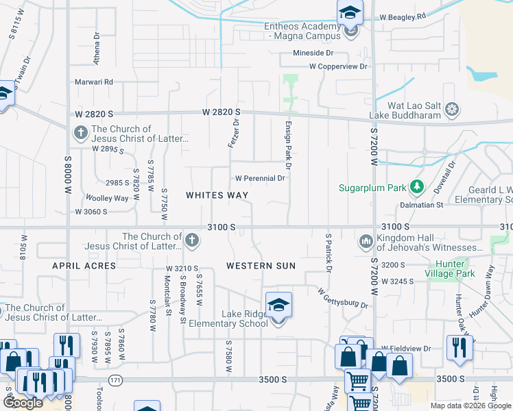 map of restaurants, bars, coffee shops, grocery stores, and more near 3045 South Fernbush Drive in Magna