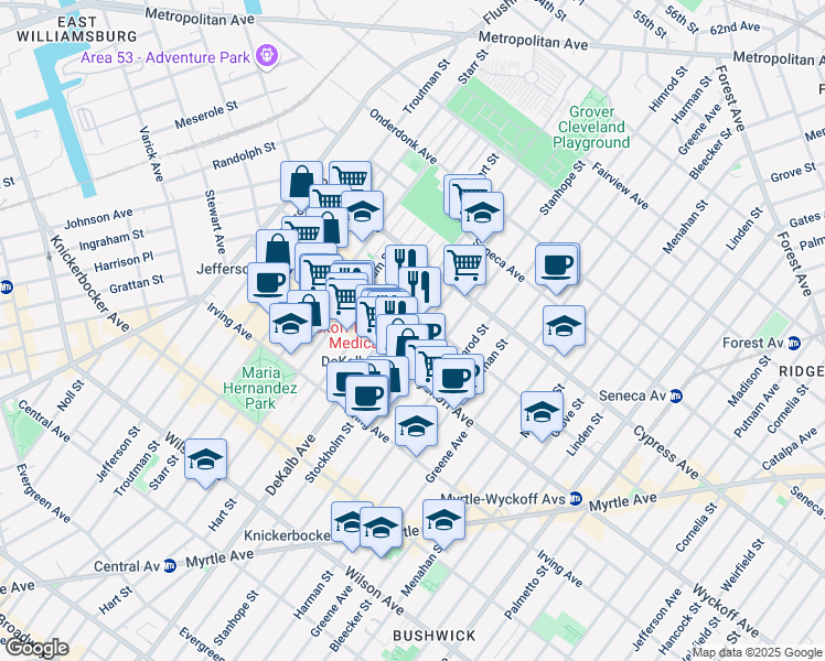 map of restaurants, bars, coffee shops, grocery stores, and more near 1690 DeKalb Avenue in Brooklyn