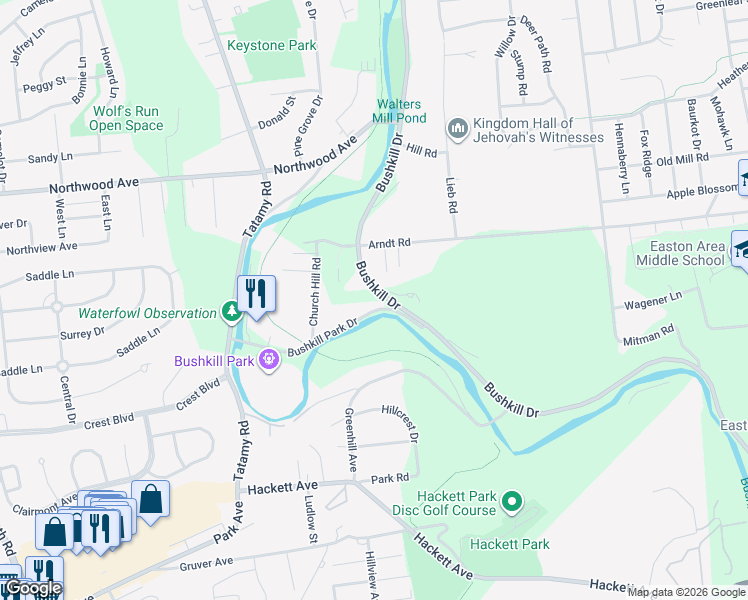 map of restaurants, bars, coffee shops, grocery stores, and more near 1842 Bushkill Drive in Easton
