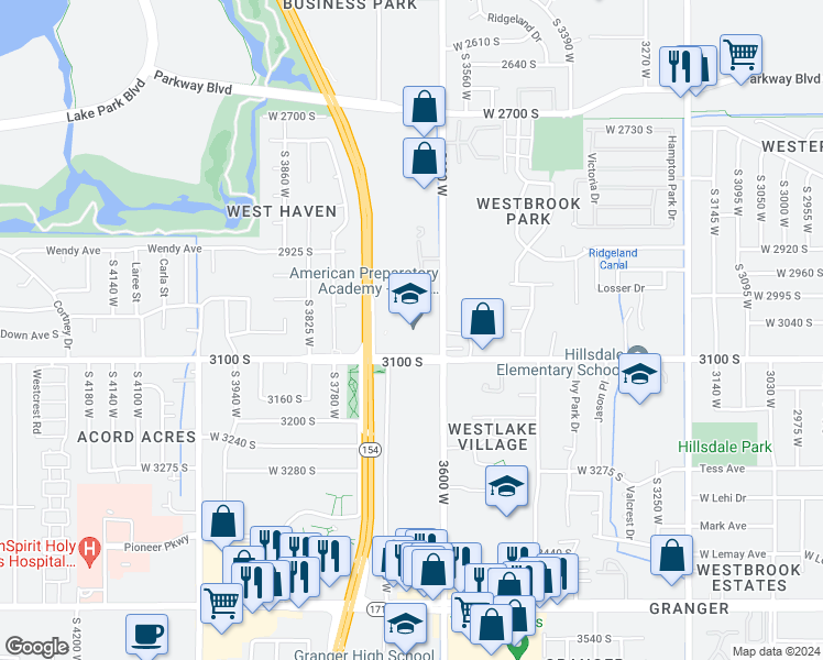 map of restaurants, bars, coffee shops, grocery stores, and more near 3636 3100 South in West Valley City