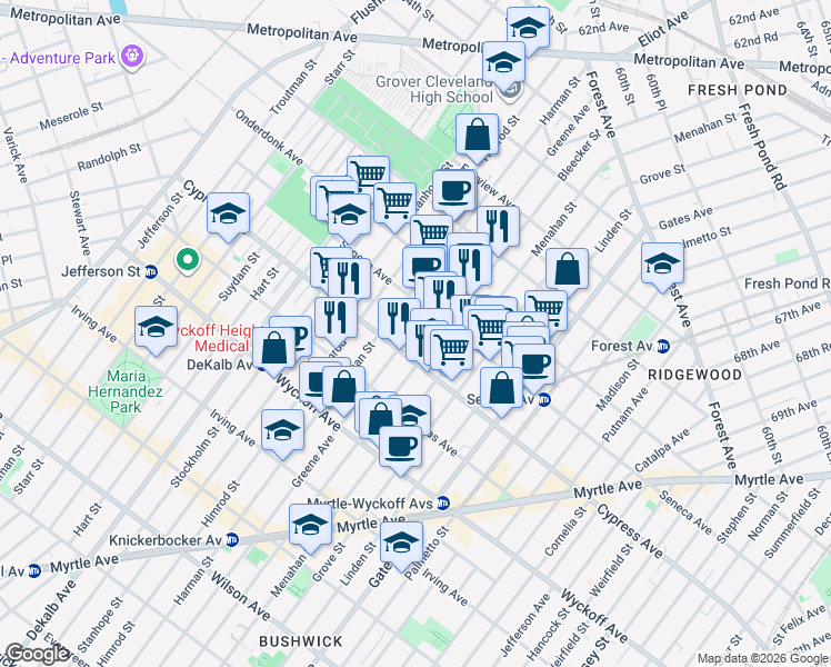 map of restaurants, bars, coffee shops, grocery stores, and more near 494 Seneca Avenue in Queens
