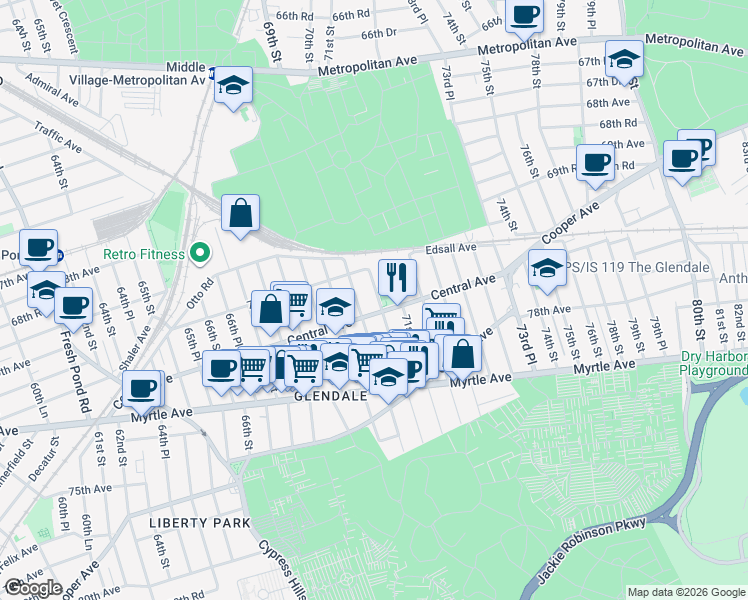 map of restaurants, bars, coffee shops, grocery stores, and more near 70-10 70th Street in Queens