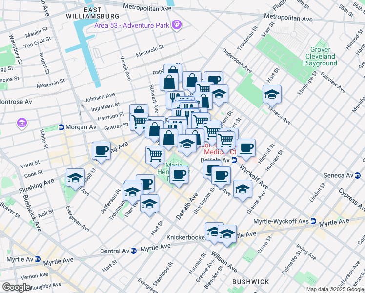 map of restaurants, bars, coffee shops, grocery stores, and more near 208 Starr Street in Brooklyn