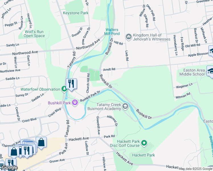 map of restaurants, bars, coffee shops, grocery stores, and more near 2025 Bushkill Park Drive in Easton