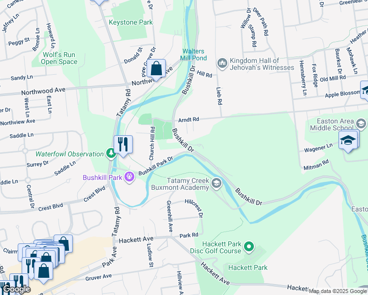 map of restaurants, bars, coffee shops, grocery stores, and more near 2025 Bushkill Park Drive in Easton