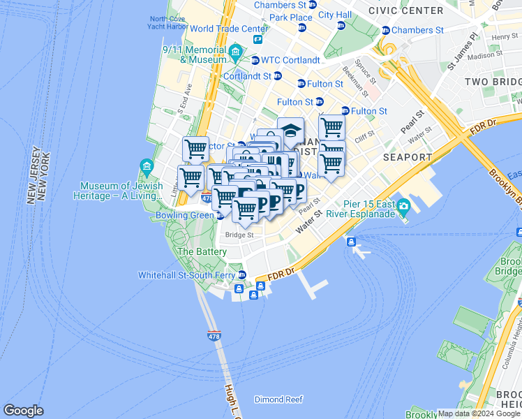 map of restaurants, bars, coffee shops, grocery stores, and more near 70 Broad Street in New York